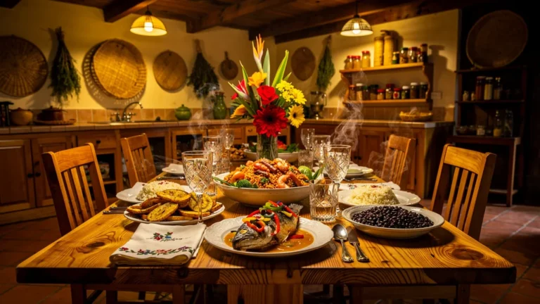 Dîner créole familial avec repas à la carte dans une salle à manger chaleureuse et lumineuse