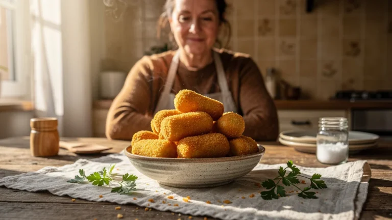 Croquettes de pomme de terre croustillantes dorées dans une cuisine chaleureuse et authentique