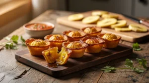 Barquettes de banane plantain dorées et croustillantes sur un plateau en bois à l'apéro, irrésistibles et rapidement dévorées