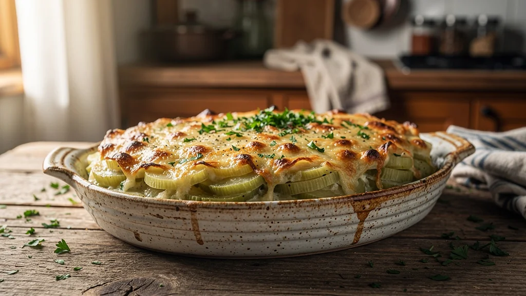 Gratin de christophine doré et crémeux dans son plat