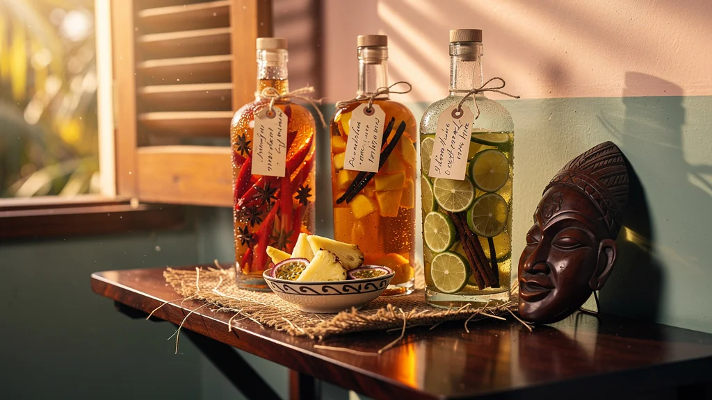 Trois rhums arrangés maison sur une étagère de bar créole, ambiance chaleureuse et authentique