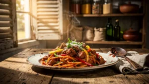 Bol de pâtes créoles à la viande chaud et savoureux sauvant un déjeuner dominical convivial