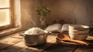 Cuisine de riz maison parfaite après vingt ans, ambiance chaleureuse et authentique dans une cuisine rustique