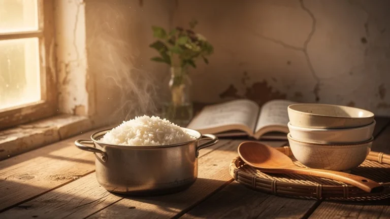 Cuisine de riz maison parfaite après vingt ans, ambiance chaleureuse et authentique dans une cuisine rustique