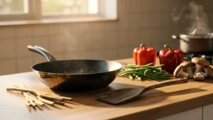 Cuisine moderne avec un wok trop léger posé sur un plan de travail en bois, symbolisant l’échec culinaire