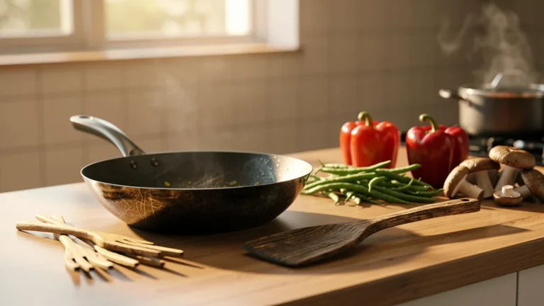 Cuisine moderne avec un wok trop léger posé sur un plan de travail en bois, symbolisant l’échec culinaire