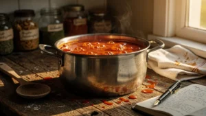 Cuisine rustique avec casserole pleine de sauce doublée sans changer la casserole, ambiance chaleureuse et réaliste