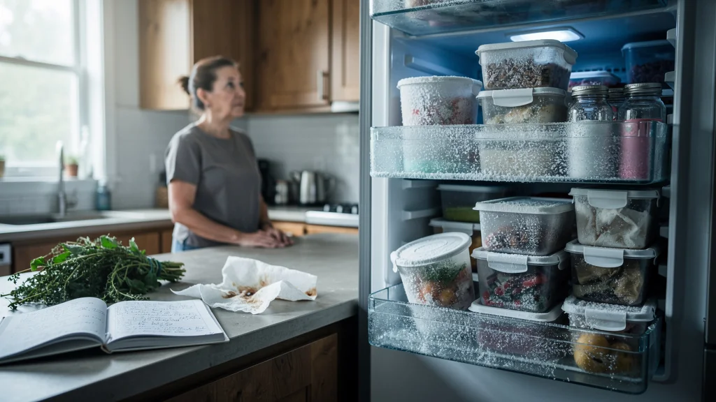 Congeler des restes sans date cause gaspillage de plats dans une cuisine moderne désordonnée