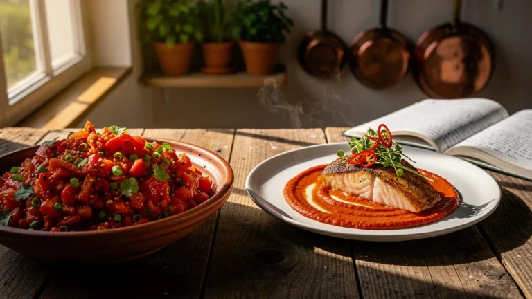 Deux façons de préparer un rougail tomate en cuisine, présentation traditionnelle et moderne sur table rustique