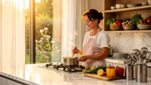 Femme de 45 ans cuisinant sans piment dans une cuisine moderne, retrouvant les goûts naturels des aliments