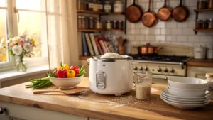 Cuisine familiale avec un rice cooker moderne sur le comptoir, ambiance chaleureuse et lumineuse