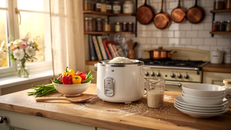 Cuisine familiale avec un rice cooker moderne sur le comptoir, ambiance chaleureuse et lumineuse