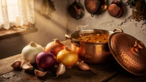 Cuisine rustique avec différents oignons et un curry bouillonnant illustrant l'importance de l'oignon dans un bon curry