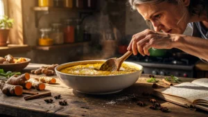 Femme d'environ 45 ans regrettant un cari trop salé dans une cuisine rustique, ambiance chaleureuse et réaliste