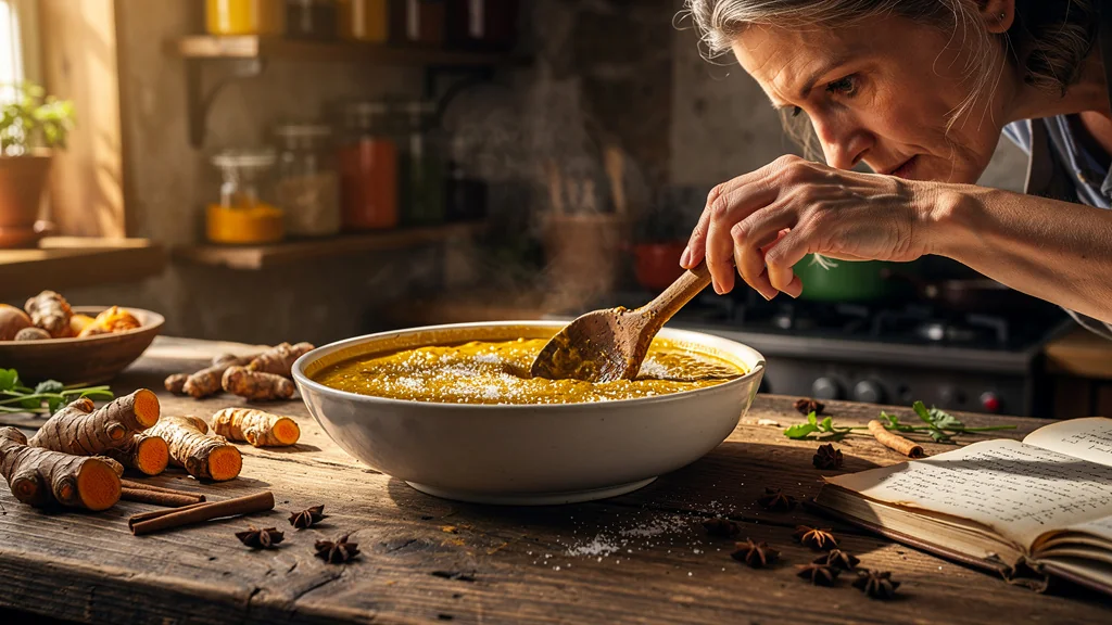 Femme d'environ 45 ans regrettant un cari trop salé dans une cuisine rustique, ambiance chaleureuse et réaliste