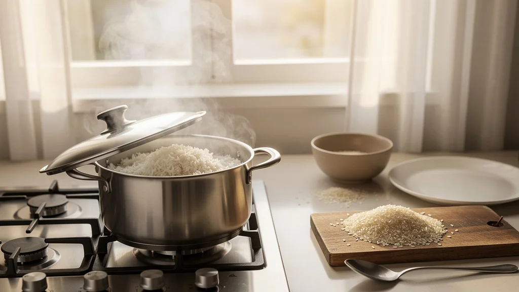 Cuisine moderne montrant riz à la vapeur en cuisson, illustrant la cuisson vapeur surestimée du riz en semaine