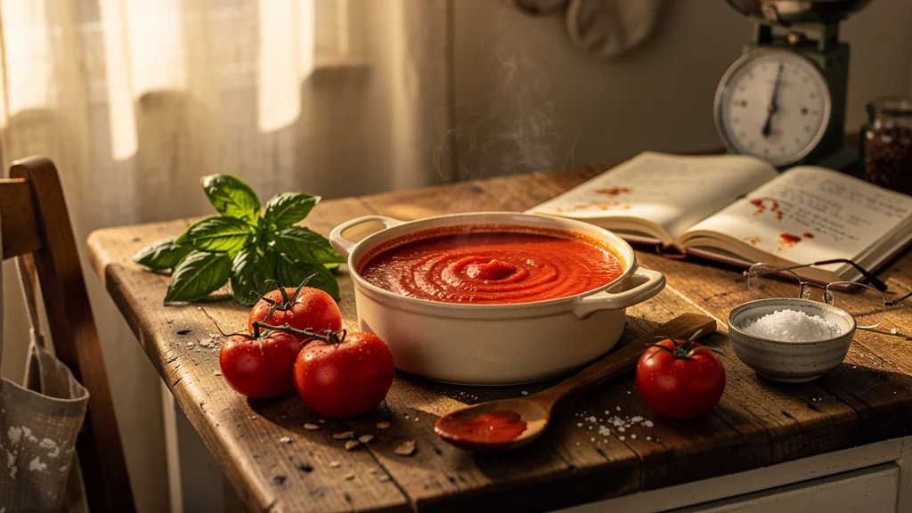 Sauce tomate maison fraîche en cuisson rapide dans une cuisine rustique éclairée naturellement