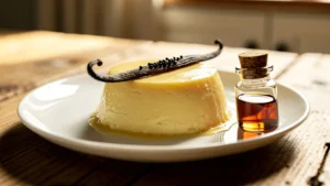 Flan crémeux avec gousse de vanille et extrait de vanille en gros plan hyper-réaliste