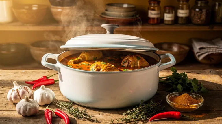 Cocotte moderne blanche avec cari poulet parfumé dans une cuisine rustique éclairée naturellement