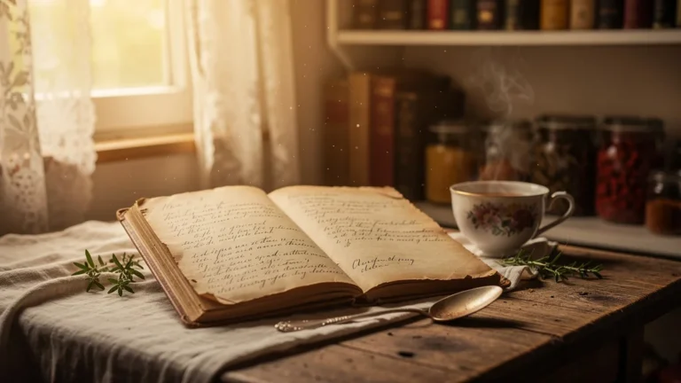 Carnet de recettes de ma mère ouvert sur une table en bois, lumière douce et ambiance chaleureuse