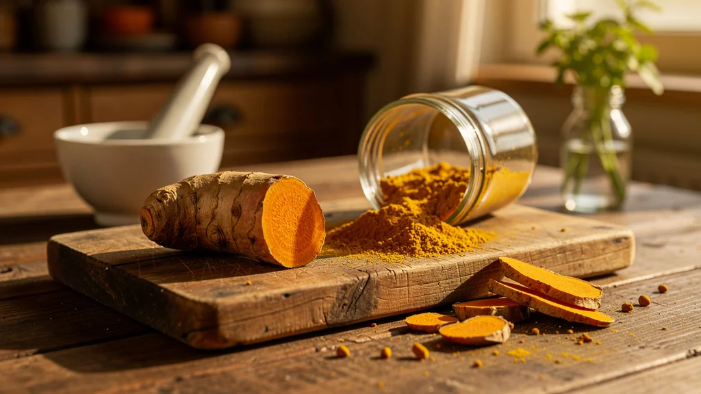 Gros plan ultra-réaliste sur curcuma frais et curcuma en poudre sur plan de travail en bois