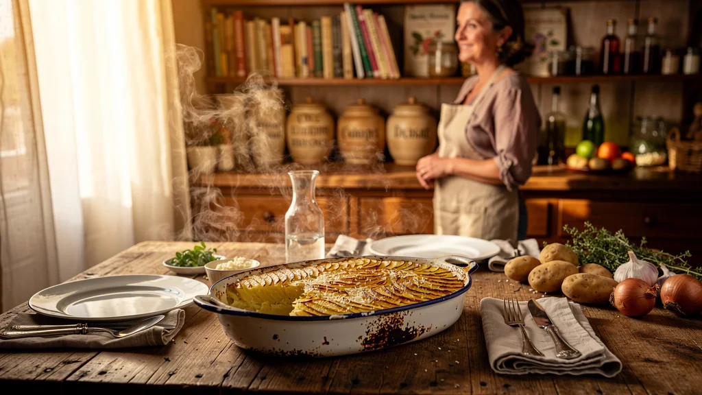 Gratin dauphinois maison doré et appétissant préparé par une mère rédactrice culinaire à la cuisine chaleureuse
