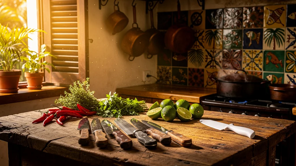 Couteaux traditionnels en acier dans une cuisine créole authentique, rejetant les couteaux céramique modernes
