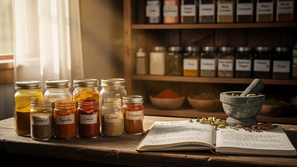 Bocaux d'épices moulues sur un comptoir en bois, illustrant la perte de saveur après trois mois