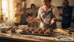 Photo réaliste d’une première fournée de macatias ratée sur une table de cuisine familiale chaleureuse
