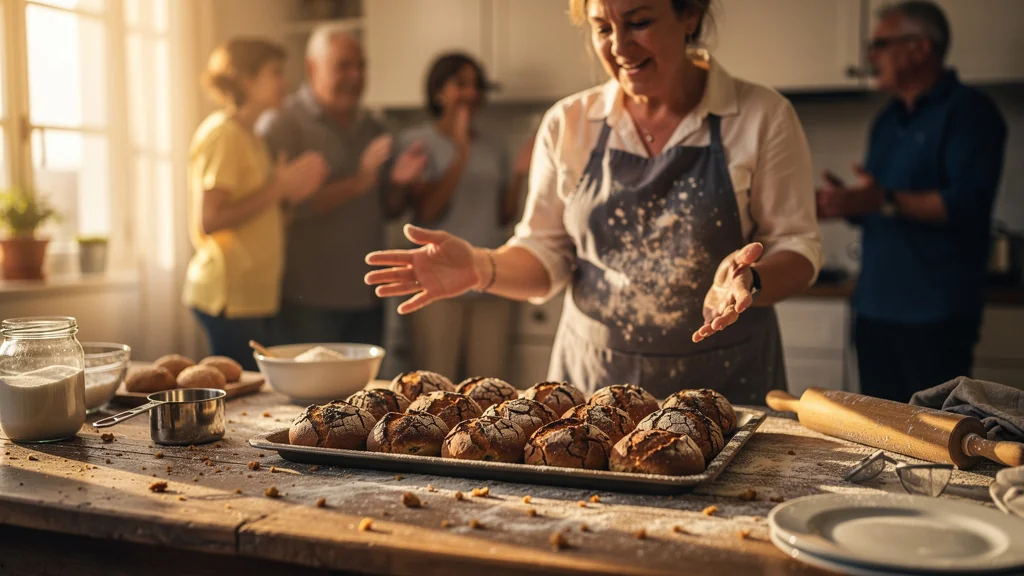 Photo réaliste d’une première fournée de macatias ratée sur une table de cuisine familiale chaleureuse