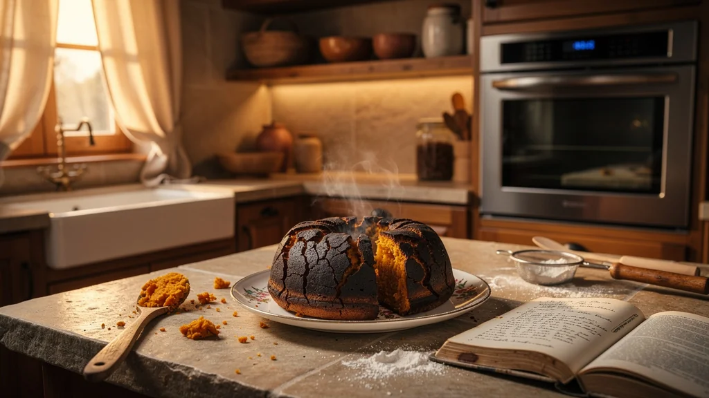 Premier gâteau patate trop cuit posé sur un comptoir de cuisine avec un four moderne en arrière-plan