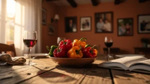 Photo réaliste d’un repas de famille avec un bol de piments colorés au centre, ambiance chaleureuse et intime
