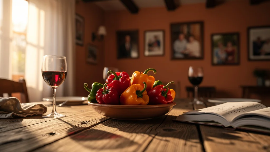 Photo réaliste d’un repas de famille avec un bol de piments colorés au centre, ambiance chaleureuse et intime