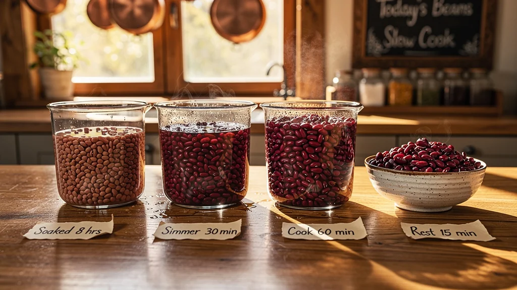 Quatre cuissons de haricots rouges chronométrées en cuisine, étapes détaillées en image ultra-réaliste