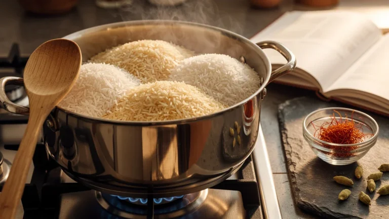 Casserole avec trois marques de riz basmati distinctes en cuisson dans une cuisine moderne