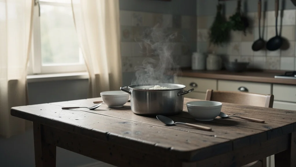 Cuisine calme avec un pot de bouillon blanc fumant sur une table en bois un dimanche tranquille