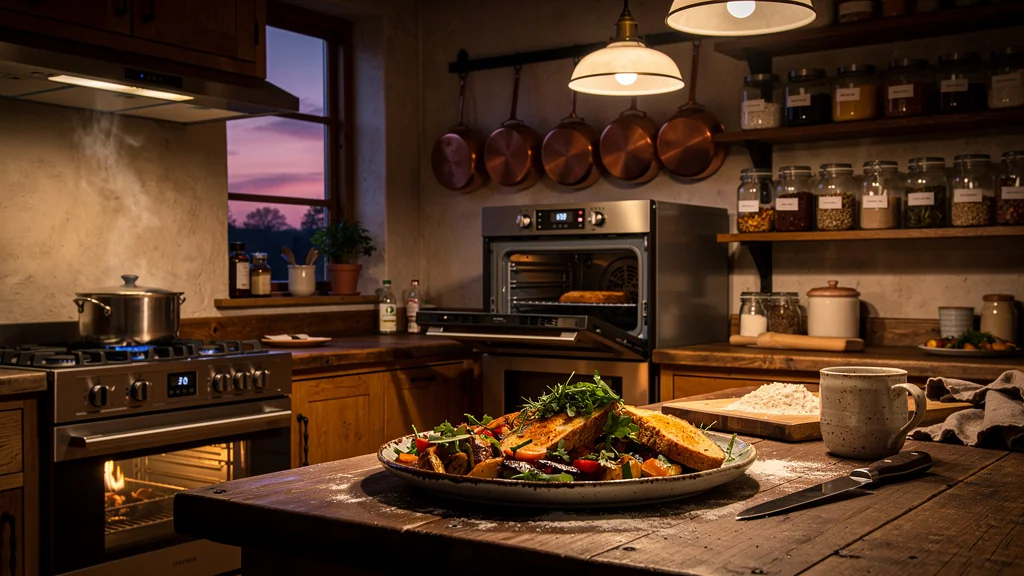 Cuisine chaleureuse avec four en panne un soir de fête et plat alternatif coloré prêt à servir